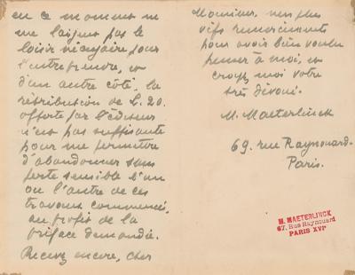 Lot #507 Maurice Maeterlinck Handwritten Letter Signed - Image 2