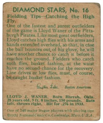 Lot #869 Lloyd Waner Signed 1934 Diamond Stars #16 Baseball Card - Image 2