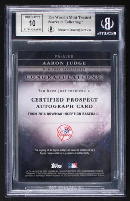 Lot #816 2016 Bowman Inception Prospect Aaron Judge Autograph BGS MINT 9/10 - Image 2