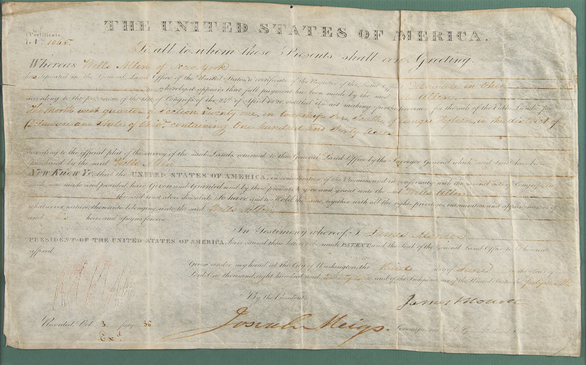 Lot #74 James Monroe Document Signed as President - Image 1