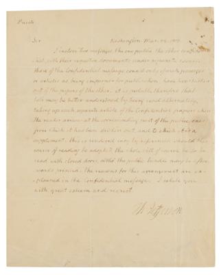 Lot #1 Thomas Jefferson: President Jefferson relays a 'confidential' message to his VP, George Clinton, the 