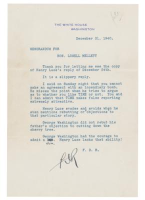 Lot #21 Franklin D. Roosevelt: FDR battles with the press, calling out Time Magazine's editor: 