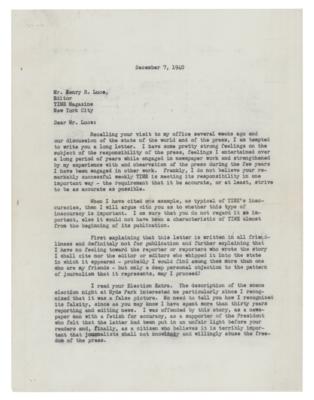 Lot #21 Franklin D. Roosevelt: FDR battles with the press, calling out Time Magazine's editor: 