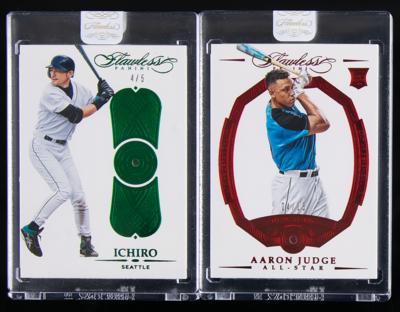 Lot #834 2017 Panini Flawless Ichiro Suzuki Emerald (4/5) and Aaron Judge Ruby (4/15) Baseball Cards - Image 1