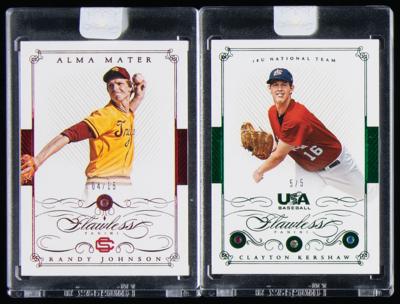 Lot #820 2016 Panini Flawless Clayton Kershaw Ruby/Diamond/Sapphire (5/5) and Randy Johnson Ruby (4/15) Baseball Cards - Image 1