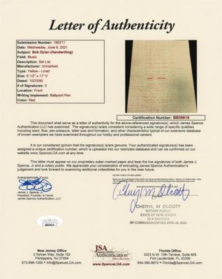 Lot #2074 Bob Dylan Handwritten Set List - Image 2