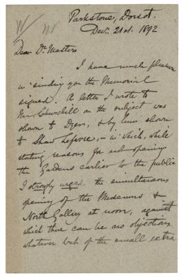 Lot #151 Alfred Wallace: Handwritten letter by Alfred Russel Wallace on the opening of Kew Gardens to the public: 