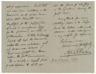 Lot #151 Alfred Wallace: Handwritten letter by Alfred Russel Wallace on the opening of Kew Gardens to the public: 