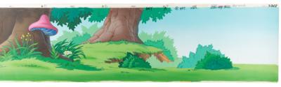Lot #850 Mushroom forest production cel overlay and matching super-pan production background from The Smurfs: Five-foot-long production panorama of the Smurfs' mushroom forest - Image 1