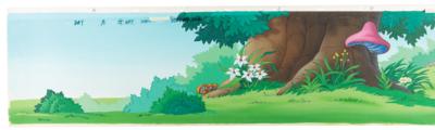 Lot #850 Mushroom forest production cel overlay and matching super-pan production background from The Smurfs: Five-foot-long production panorama of the Smurfs' mushroom forest - Image 2