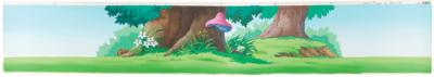Lot #850 Mushroom forest production cel overlay and matching super-pan production background from The Smurfs: Five-foot-long production panorama of the Smurfs' mushroom forest - Image 4