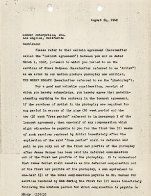 Lot #571 Steve McQueen Document Signed for 'The Great Escape' - Image 2