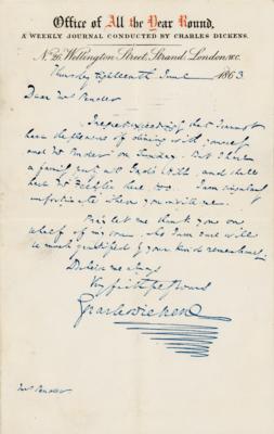 Lot #435. Charles Dickens: Dickens declines a dinner invite: "I have a family party at Gad&rsquo;s Hill"