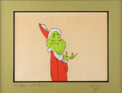 Lot #870 The Grinch production cel from How the Grinch Stole Christmas! signed by Dr. Seuss: Large Grinch production cel signed by the great Dr. Seuss - Image 1