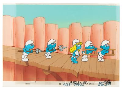Lot #851 Smurfette and four Smurfs production cel and master production background from The Smurfs television show Production Cel and Master Production Background - Image 1
