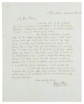 Lot #440 Edgar Allan Poe: Amid his own troubles, Poe extends his condolences to a fellow writer: 