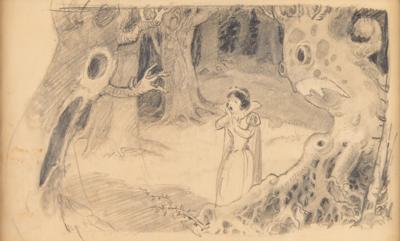 Lot #670 Ferdinand Horvath concept drawing of Snow White and scary trees from Snow White and the Seven Dwarfs: Extremely rare Snow White concept artwork by Disney sketch artist Ferdinand Hrovath - Image 1