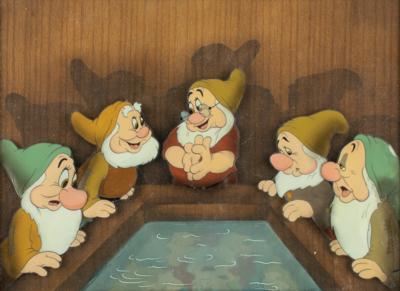Lot #680 Bashful, Happy, Doc, Sneezy, and Sleepy production cel set-up from Snow White and the Seven Dwarfs: Quintet of Snow White's dwarfs on a Courvoisier woodgrain cel set-up - Image 1
