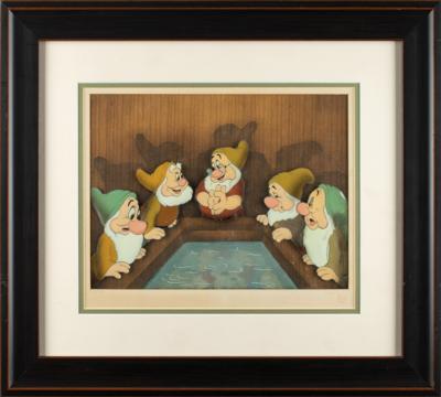 Lot #680 Bashful, Happy, Doc, Sneezy, and Sleepy production cel set-up from Snow White and the Seven Dwarfs: Quintet of Snow White's dwarfs on a Courvoisier woodgrain cel set-up - Image 2