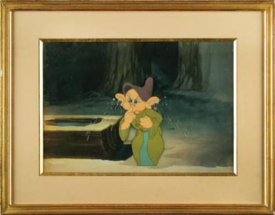 Lot #684 Dopey production cel and master background from Snow White and the Seven Dwarfs: Dopey clears his ears on a Snow White master background - Image 2