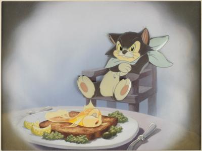 Lot #717 Figaro gag production cel set-up and hand-painted Courvoisier background from Pinocchio: Rare gag cel set-up from Pinocchio, Figaro with a plate of Cleo on a Courvoisier background - Image 2