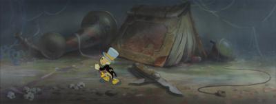 Lot #720 Jiminy Cricket production cel and super panorama production master background from Pinocchio: Marvelous master set-up of Jiminy Cricket on Pleasure Island - Image 1