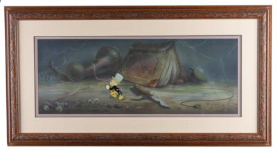 Lot #720 Jiminy Cricket production cel and super panorama production master background from Pinocchio: Marvelous master set-up of Jiminy Cricket on Pleasure Island - Image 2