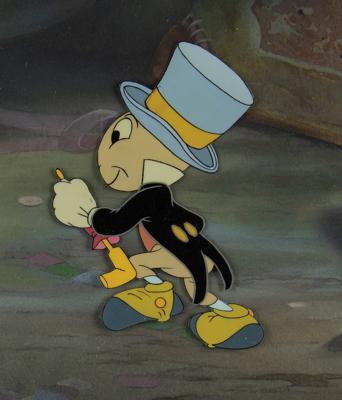 Lot #720 Jiminy Cricket production cel and super panorama production master background from Pinocchio: Marvelous master set-up of Jiminy Cricket on Pleasure Island - Image 3