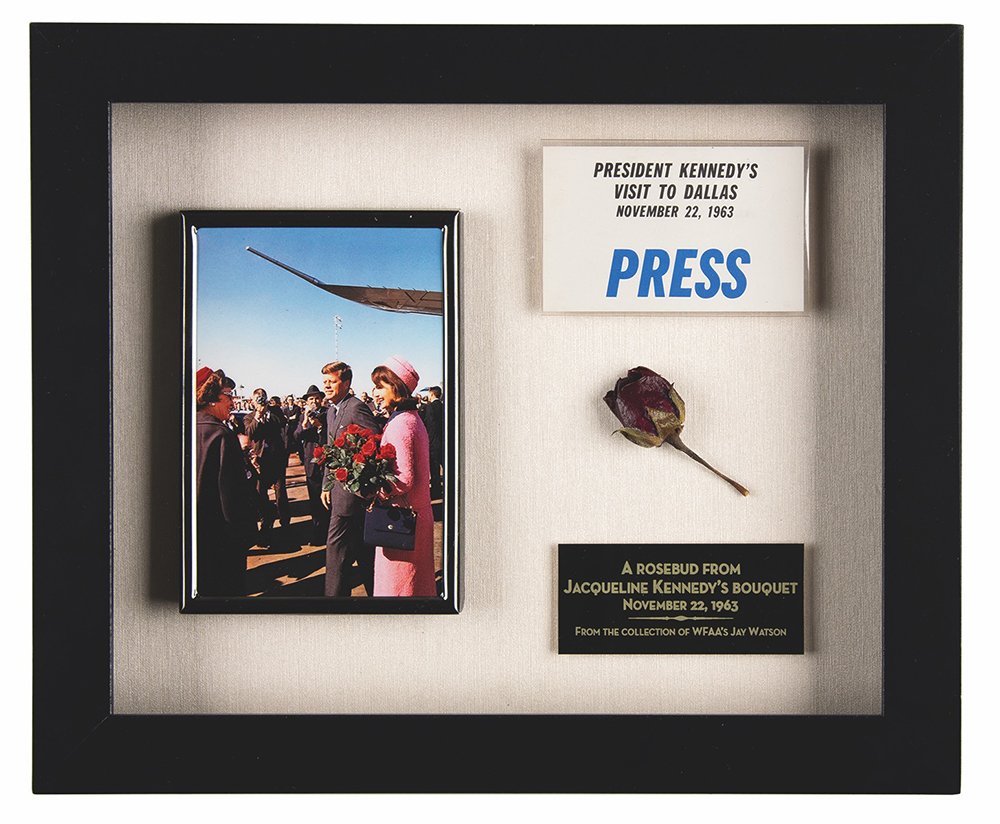 Lot #3007 John F. Kennedy Assassination: Rosebud from Jackie's Bouquet and Jay Watson's Press Pass - Image 1