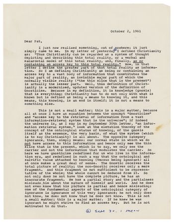 Lot #485 Philip K. Dick: Commenting on Christianity and his VALIS vision: 