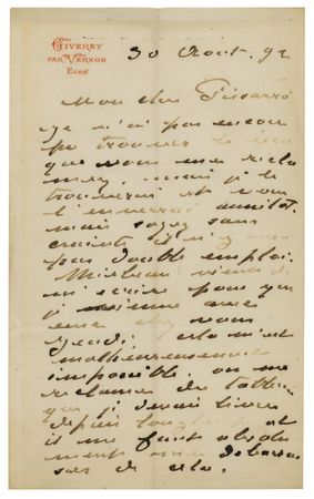 Lot #420 Claude Monet: Monet writes to Pissarro on a sticky situation: 
