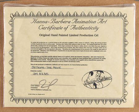 Lot #463 George Jetson production cel from Jetsons: The Movie signed by Bill Hanna and Joe Barbera - Image 3