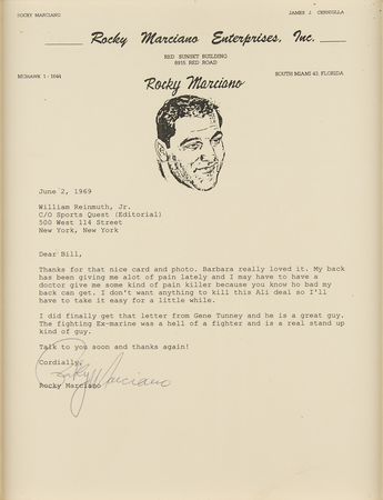 Lot #800 Rocky Marciano: Marciano needs some back help before his planned 'Super Fight'—