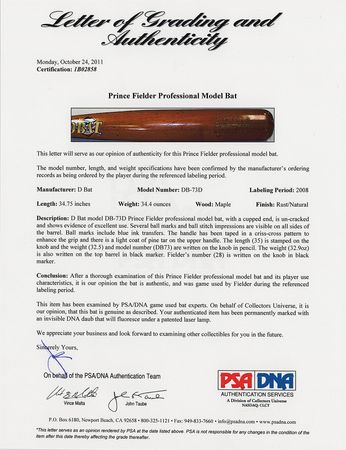 Lot #819 Prince Fielder Game-Used Baseball Bat - Image 3