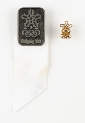 Lot #4189 Calgary 1988 Winter Olympics IOC Pin and Badge Presented to Member James Worrall - Image 1