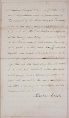 Lot #11 Abraham Lincoln: Historically important document rebuilding the North-South economy in 1865: President Lincoln grants a permit to transport cotton across 
