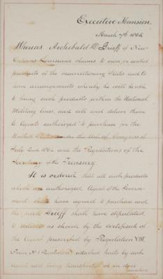 Lot #11 Abraham Lincoln: Historically important document rebuilding the North-South economy in 1865: President Lincoln grants a permit to transport cotton across 