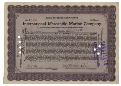 Lot #298 Titanic: Philip Albright Small Franklin Signed Stock Certificate - Image 1
