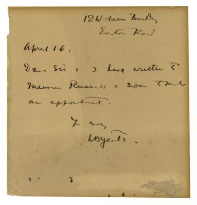 Lot #588 William Butler Yeats Autograph Letter