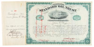 Lot #111 John D. Rockefeller, Henry Flagler, and Jabez A. Bostwick Signed Stock Certificate - Image 1