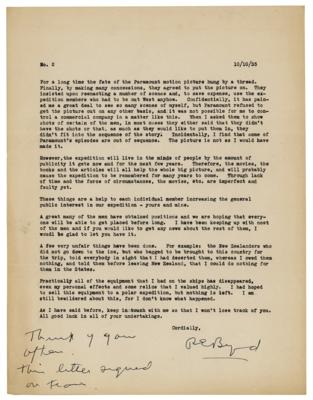 Lot #179 Richard E. Byrd: Lengthy letter to the physicist of his famed Antarctic Expedition?