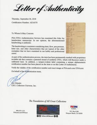 Lot #86 John Jay: John Jay's handwritten list of claims from New York Loyalists?including British officers and a 