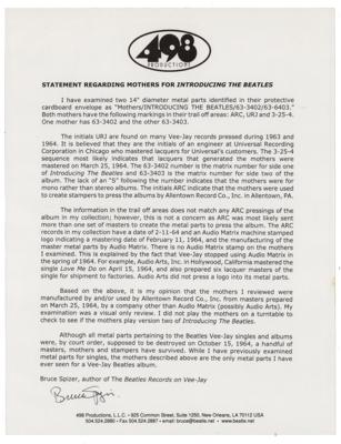 Lot #548 Beatles: 'Introducing the Beatles' Metal Mothers: Rare metal mothers for Vee-Jay's Introducing... The Beatles?the subject of a famous record label legal battle - Image 10