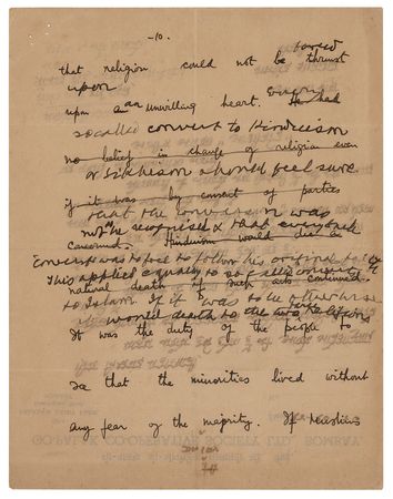 Lot #90 Mohandas Gandhi: Gandhi comments on religious freedom, asserting that converts to Hindusim, Sikhism, and Islam are 