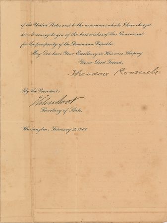 Lot #14 Theodore Roosevelt: Diplomatic letter by President Roosevelt conveying 