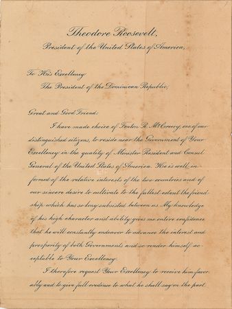 Lot #14 Theodore Roosevelt: Diplomatic letter by President Roosevelt conveying 