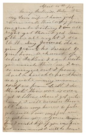 Lot #233 Civil War Soldier's Letter: Soldier's letter from the day of Lincoln's assassination: 