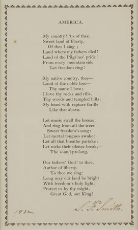 Lot #418 Samuel Francis Smith Signed Broadside of 'America' - Image 1