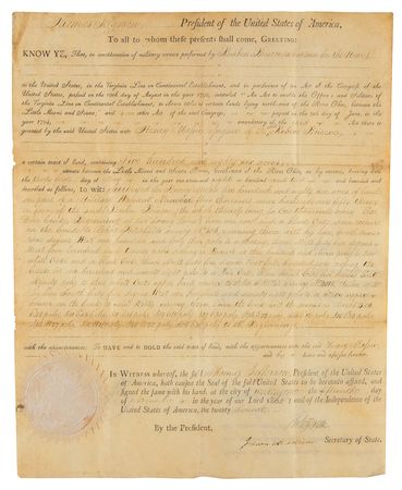 Lot #4 Thomas Jefferson and James Madison: Jefferson and Madison approve an 1802 land grant for 