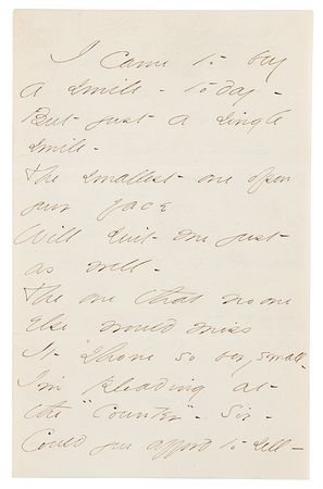 Lot #342 Emily Dickinson: Exceedingly rare handwritten poem by Emily Dickinson, soliciting a shopkeeper's smile: 